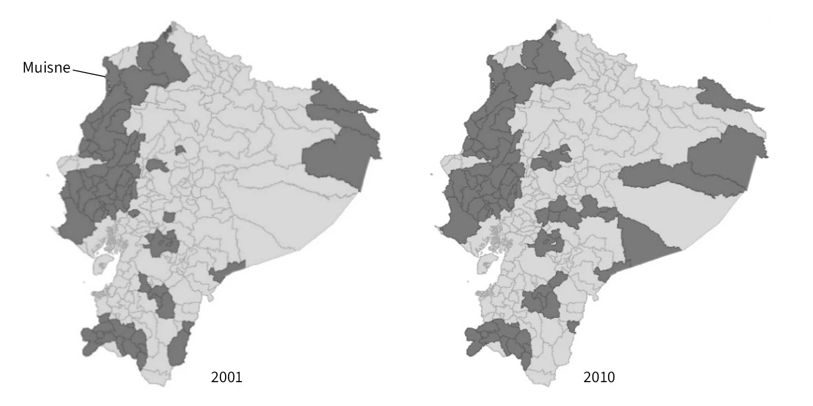 Figure 13. Location of municipalities in a poverty trap condition in 2001 and 2010. 2